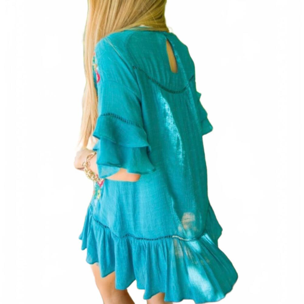 Umgee Blue Blouse with Floral Embroidery - Picture 7 of 14